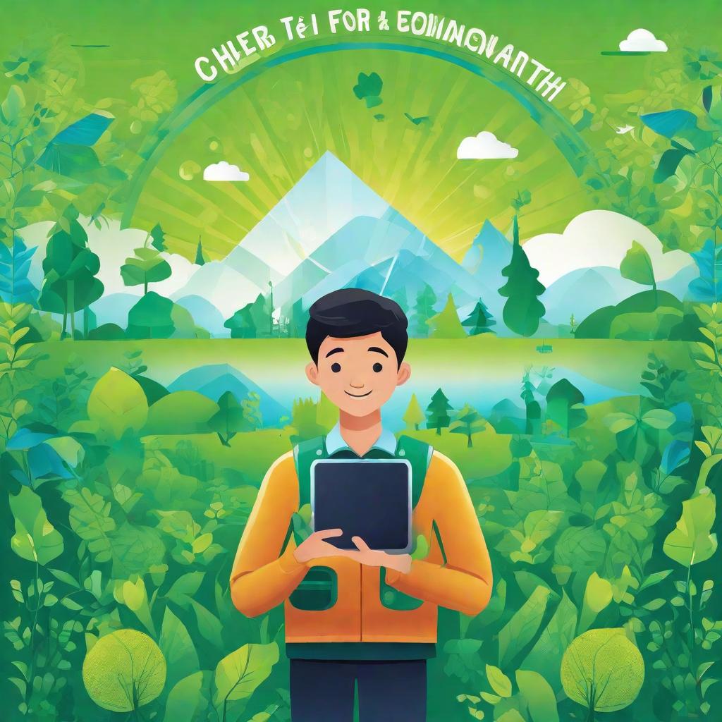  masterpiece, best quality,Background design: fresh green and blue gradient, representing harmony between nature and society. Core image design: a young man organizes an online environmental campaign through the network of Wopi. He uses smart devices to showcase his environmental projects and the screen displays the slogan "cheer for the earth".