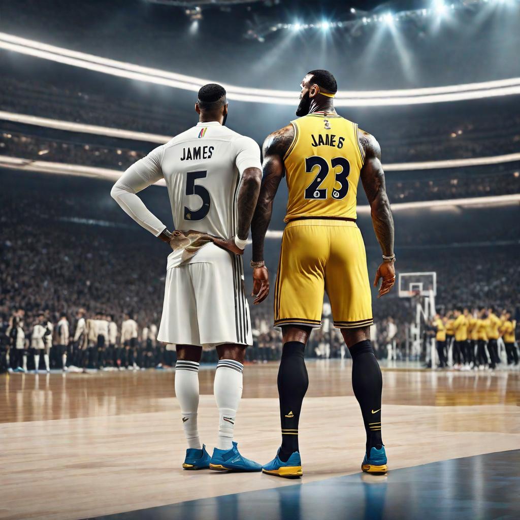  Lebron james con la camisa de futbol del real madrid hyperrealistic, full body, detailed clothing, highly detailed, cinematic lighting, stunningly beautiful, intricate, sharp focus, f/1. 8, 85mm, (centered image composition), (professionally color graded), ((bright soft diffused light)), volumetric fog, trending on instagram, trending on tumblr, HDR 4K, 8K