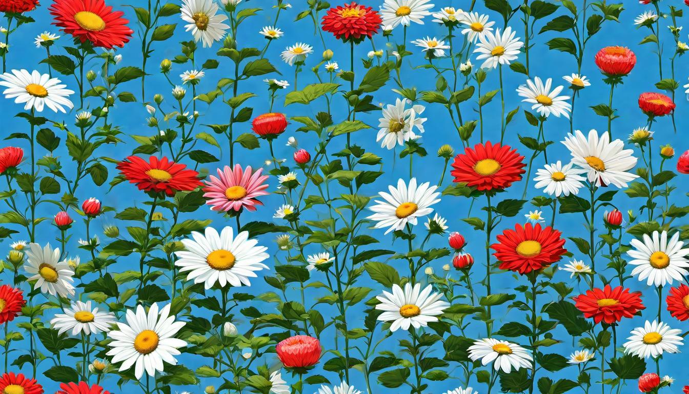  digital illustration, A field of blooming flowers under a clear blue sky, abundance, joy, seamless harmony, fulfillment, looking at viewer, dynamic pose, (intricate details, masterpiece, best quality)