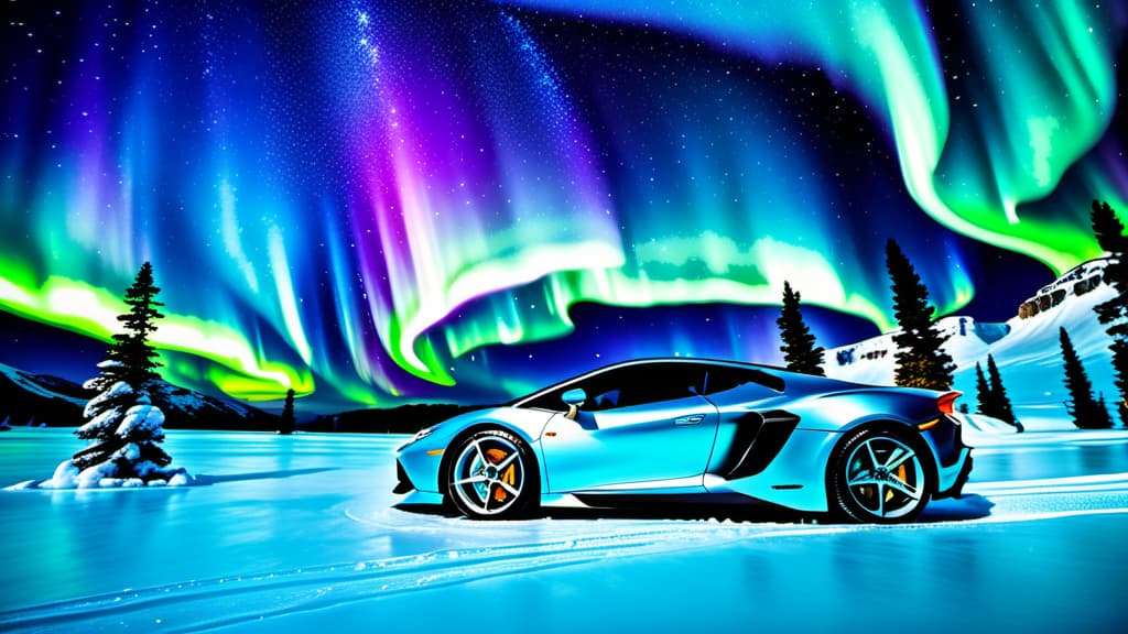  Visualize a magical icy landscape with polar cars that have frosty features sparkling in enchanting aurora light.  , ((realistic)), ((masterpiece)), focus on detailed clothing and atmosphere of the surroundings. Soft and natural lights.
