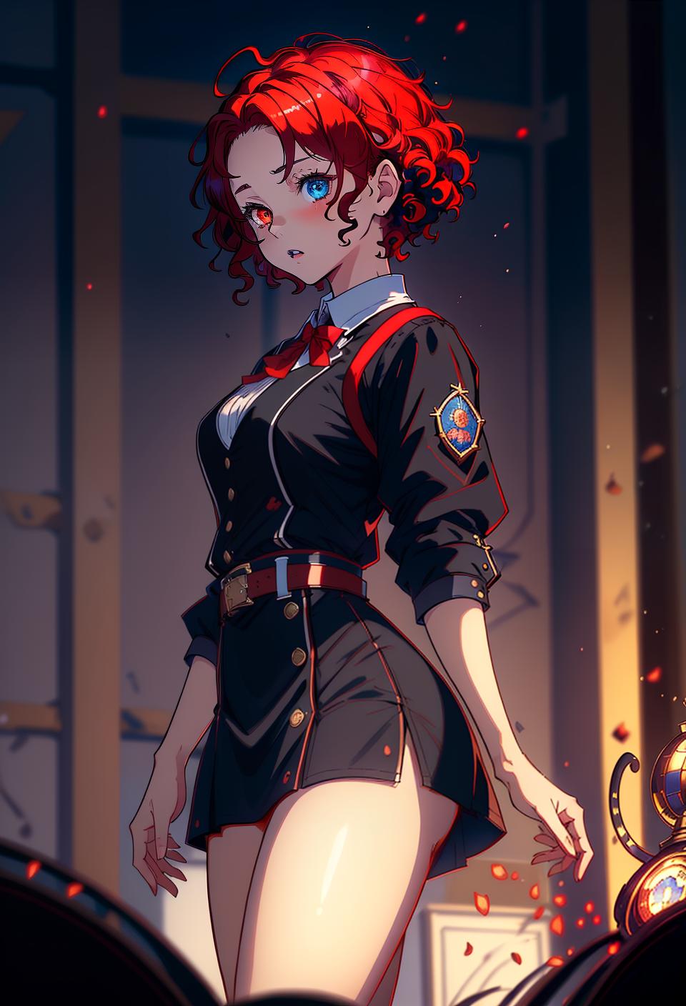  ((trending, highres, masterpiece, cinematic shot)), 1girl, chibi, female student uniform, medieval fantasy scene, short curly red hair, hair covering one eye, narrow heterochromia eyes, high class, elegant personality, scared expression, very dark skin, magical, lucky