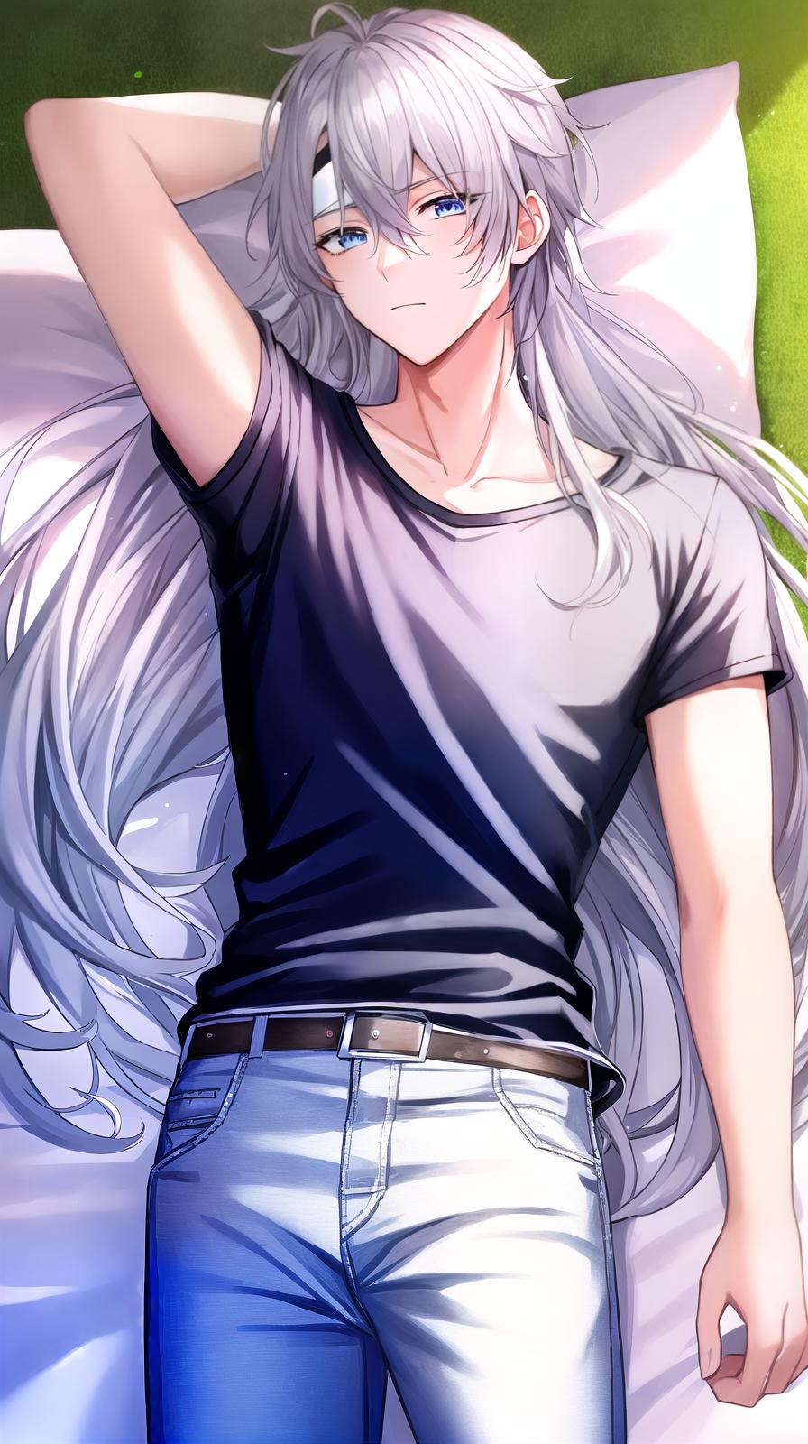  ((((masterpiece)))), best quality, very_high_resolution, ultra-detailed, in-frame, handsome, soft, young, silver hair, blue eyes, medium half-up hair, t-shirt, slim pants, blue (top), black (bottom), eyepatch on the left side, prince-like, beautiful eyelashes