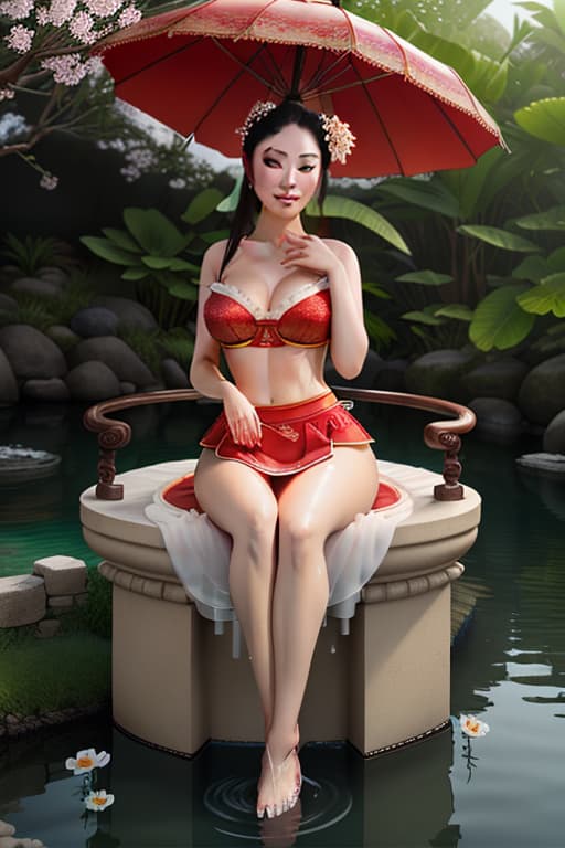  (masterpiece), (extremely intricate:1.3), the imperial concubine of Tang Dynasty in ancient China, with flowers in her hair, large apricot eyes, white oval face, lancet eyebrows, high nose bridge, sat down, barefoot into the water to wash her feet, delicate red clogs, open a red gorgeous umbrella and expensive red skirt, the water is crystal clear and reflected, koi water in the background,Leica 50mm, f1. 4 hyperrealistic, full body, detailed clothing, highly detailed, cinematic lighting, stunningly beautiful, intricate, sharp focus, f/1. 8, 85mm, (centered image composition), (professionally color graded), ((bright soft diffused light)), volumetric fog, trending on instagram, trending on tumblr, HDR 4K, 8K