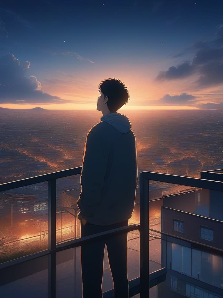  The background is the building, the sky is the night sky, the sunset is a little visible, the young man is looking up, the back of the young man from the rooftop., masterpiece, best quality,8k,ultra detailed,high resolution,an extremely delicate and beautiful,hyper detail