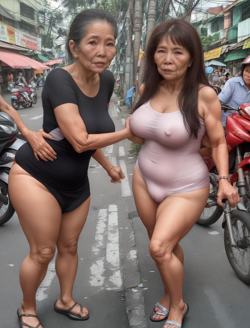  mujer madura de 50 años hermosa con su gran trasero en calzones en Vietnam en la calle con su amiga cachonda y caliente