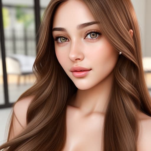  Highly detailed realistic woman, natural plump lips, hazel eyes which are almond shaped, sweet, kind, and caring, long brown hair, beautiful and pretty face