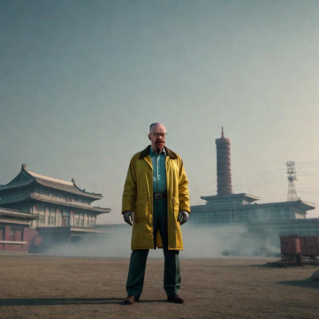  Walter White from Breaking Bad in North Korea. hyperrealistic, full body, detailed clothing, highly detailed, cinematic lighting, stunningly beautiful, intricate, sharp focus, f/1. 8, 85mm, (centered image composition), (professionally color graded), ((bright soft diffused light)), volumetric fog, trending on instagram, trending on tumblr, HDR 4K, 8K