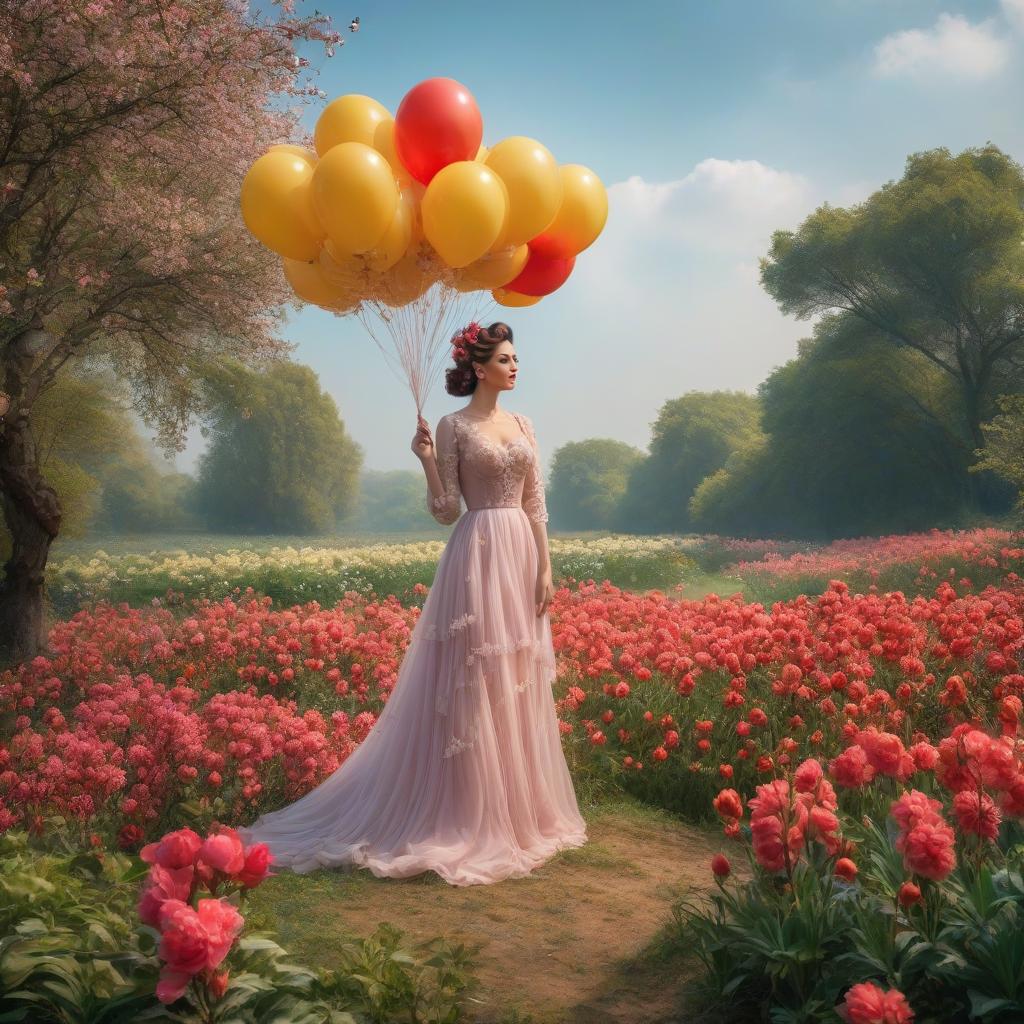  А large balloon. Lightness, spring. (Sparkling rim)): spring field, hyacinths, roses, rosehips, rose hips, peonies, cherry tree, yellow, red. Рroper eye work.. Honoré Fargonard, Alfonso Mucha. hyperrealistic, full body, detailed clothing, highly detailed, cinematic lighting, stunningly beautiful, intricate, sharp focus, f/1. 8, 85mm, (centered image composition), (professionally color graded), ((bright soft diffused light)), volumetric fog, trending on instagram, trending on tumblr, HDR 4K, 8K