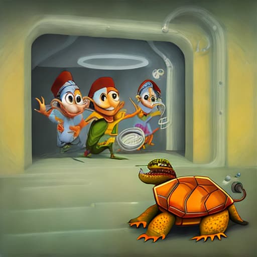 mdjrny-v4 style ratatouille against the mutant ninjas turtles in the sewers