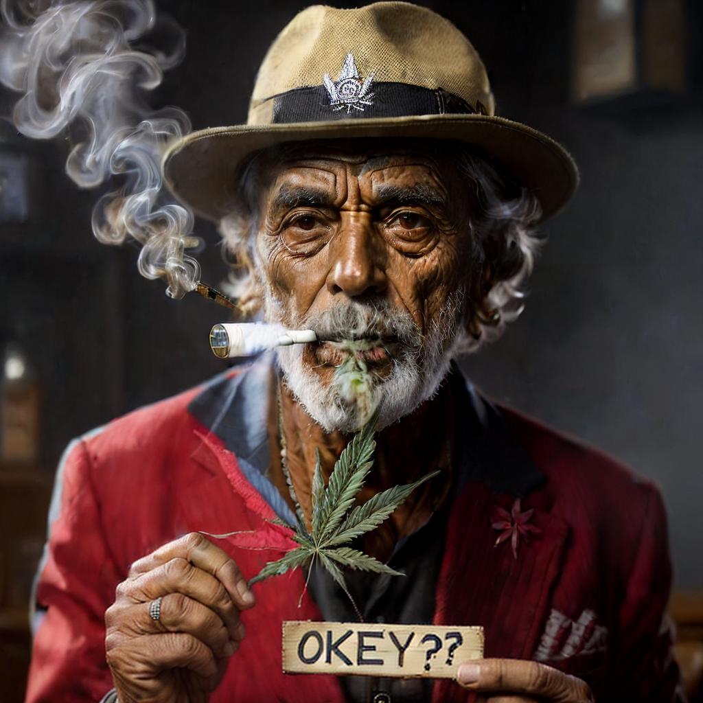  a old hip hoper smoking cannabis, with a sign in his hand with the word on it: &quot;Okey?&quot;, best quality, masterpiece