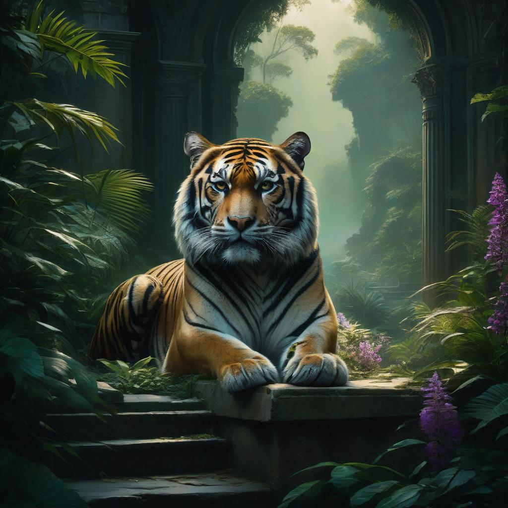  cinematic film still a Jeremy Mann inspired oil painting in ultra HD 8K, displaying a majestic green and purple tiger enthroned in a mysterious jungle palace. Sunlight filters through lush foliage, while the tiger surveys its domain from a stone window, embodying regal poise and introspection. The chamber combines opulence with signs of decay amidst rich jungle life, capturing the glory of a forgotten empire. In a low key digital style, the tiger's face is dramatically lit, with airborne pollen adding to the scene's enigma. Envision an Ivan Aivazovsky level of skill in this high resolution masterpiece that balances symmetry with moody, action infused realism, framed by conceptual art aesthetics and mystical atmosphere. dark chiaroscuro low  hyperrealistic, full body, detailed clothing, highly detailed, cinematic lighting, stunningly beautiful, intricate, sharp focus, f/1. 8, 85mm, (centered image composition), (professionally color graded), ((bright soft diffused light)), volumetric fog, trending on instagram, trending on tumblr, HDR 4K, 8K