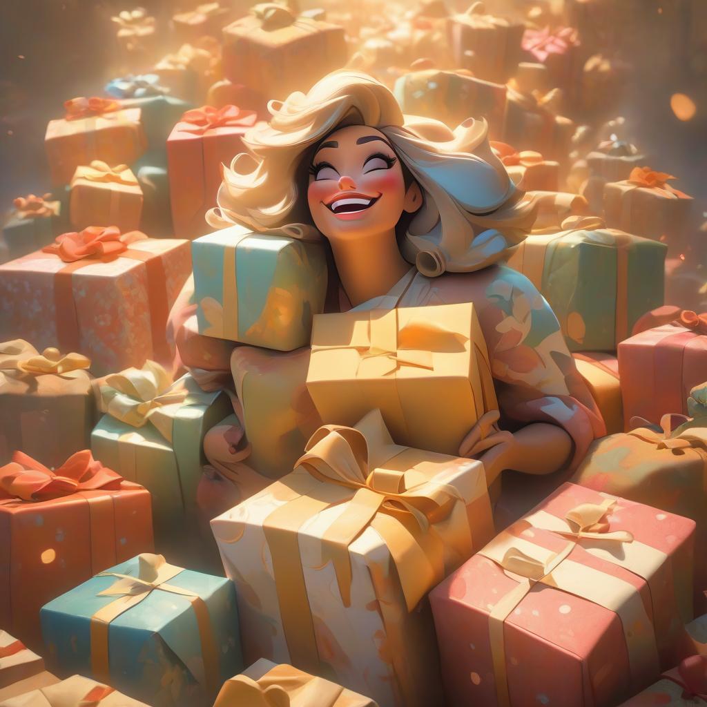  A happy woman is holding a huge stack of presents in her hands. hyperrealistic, full body, detailed clothing, highly detailed, cinematic lighting, stunningly beautiful, intricate, sharp focus, f/1. 8, 85mm, (centered image composition), (professionally color graded), ((bright soft diffused light)), volumetric fog, trending on instagram, trending on tumblr, HDR 4K, 8K