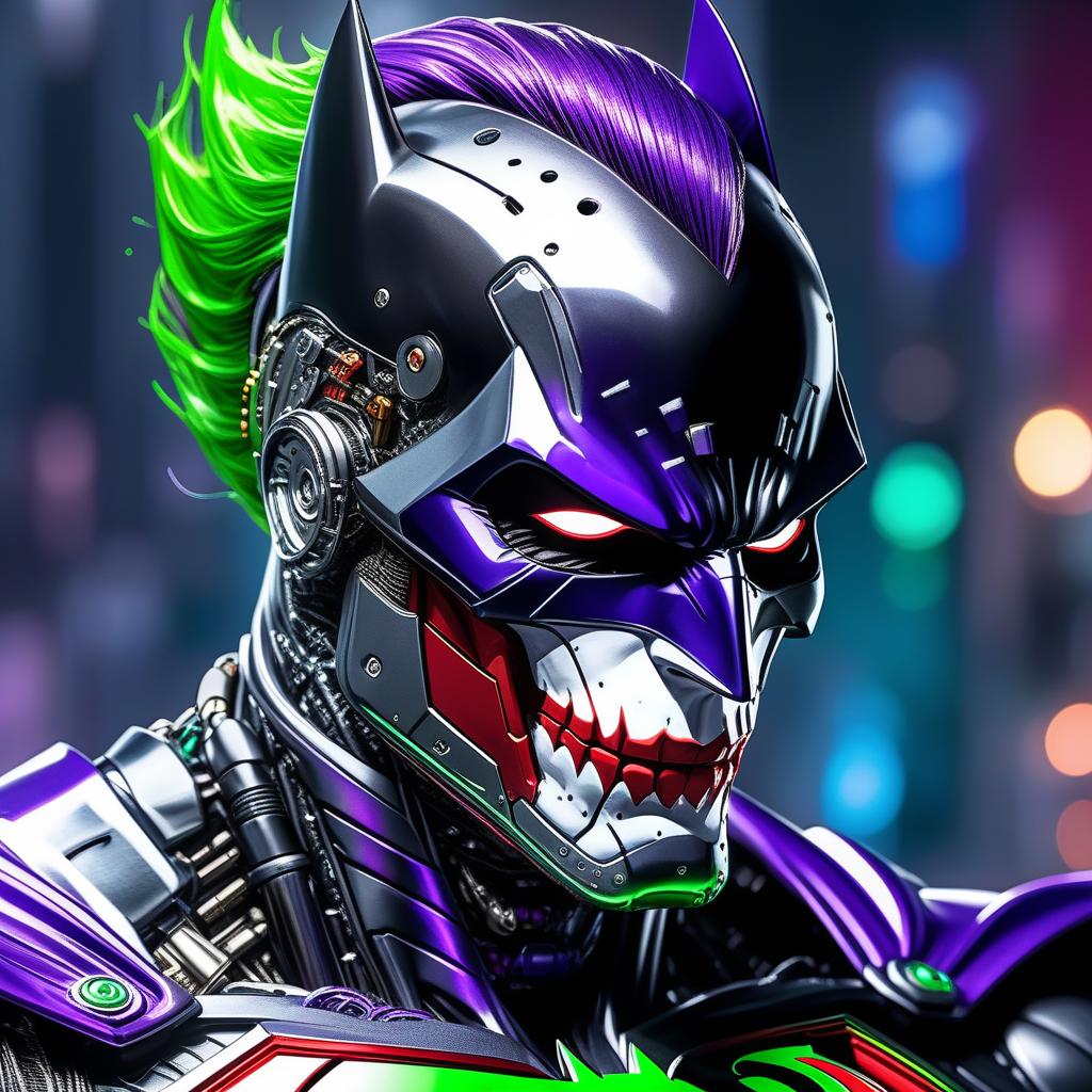  comic (RAW photo, masterpiece, high resolution, extremely complex), mix of The (Joker and cyborg), vs mix of the (batman and superman), cyborg skull, upper body, purple and green joker cyborg suit, black red blue mix batman superman costume hybrid, made of metal, scratchy metal, extremely detailed, sci-fi, blurred background . graphic illustration, comic art, graphic novel art, vibrant, highly detailed, best quality, very detailed, high resolution, sharp, sharp image, extremely detailed, 4k, 8k
