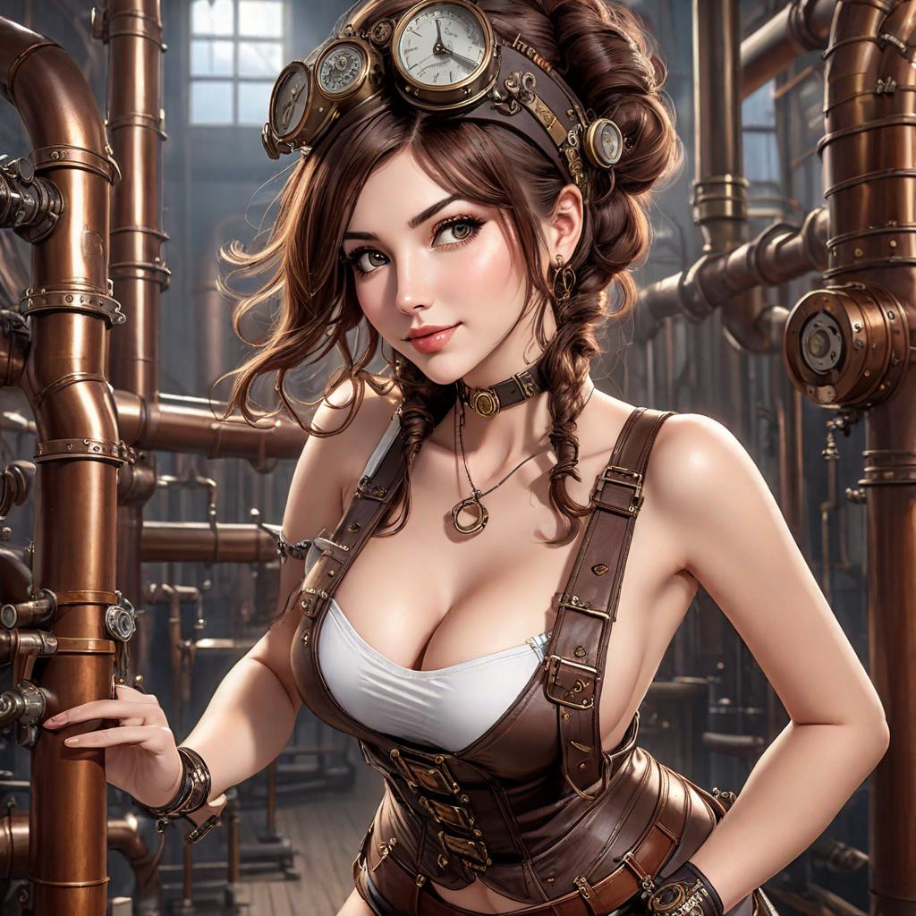  steampunk style, young woman, long pipes, bent over, tilted pose, face detailing, seductively looks at the viewer, cheeky bitch with lustful facial expression, bright brunette hair, shows bare, realistic skin, smile, happy, in shorts, belts, suspenders,  steampunk pipes factory,  steam mechanisms, best quality, masterpiece, intricate details, hdr, (depth of field:1.3), hyperdetailed, (muted colors, smoothing tones:1.3), the style of the image is realistic and was shot on a professional canon eos 5d mark iv camera. each subject is highly detailed and sharp, providing uhd quality with 4k level detail., cute, hyper detail, full HD hyperrealistic, full body, detailed clothing, highly detailed, cinematic lighting, stunningly beautiful, intricate, sharp focus, f/1. 8, 85mm, (centered image composition), (professionally color graded), ((bright soft diffused light)), volumetric fog, trending on instagram, trending on tumblr, HDR 4K, 8K