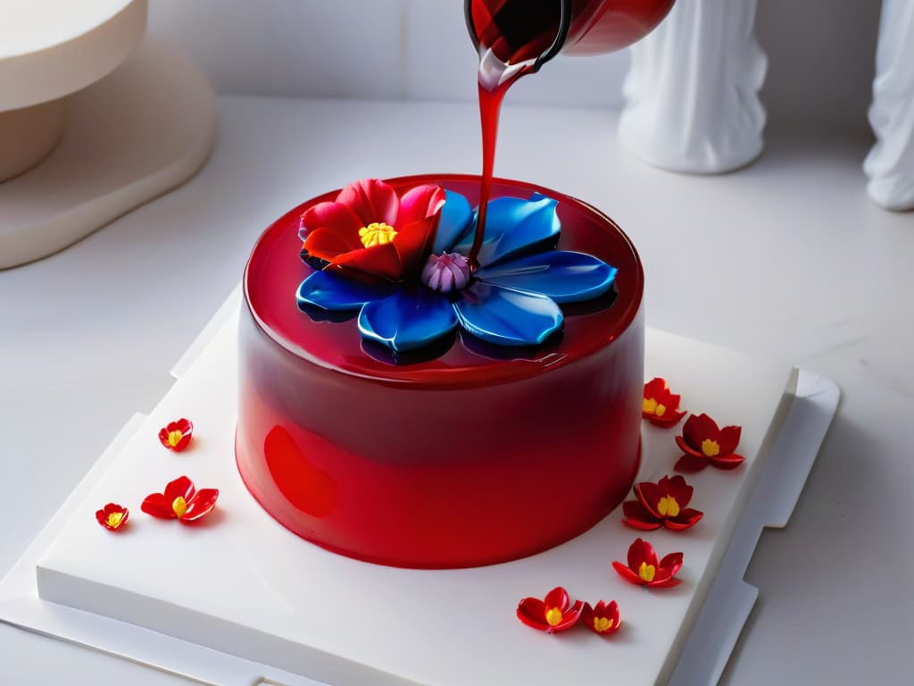  A closeup, minimalist image of a glossy mirror glaze being poured over a perfectly smooth cake, capturing the reflection of a vibrant and intricate sugar flower on its surface. The glaze is a deep, rich red, creating a stunning contrast against the pristine white cake, while the flower's delicate petals shimmer in the glossy finish, showcasing the artistry and precision of the glazing process. hyperrealistic, full body, detailed clothing, highly detailed, cinematic lighting, stunningly beautiful, intricate, sharp focus, f/1. 8, 85mm, (centered image composition), (professionally color graded), ((bright soft diffused light)), volumetric fog, trending on instagram, trending on tumblr, HDR 4K, 8K