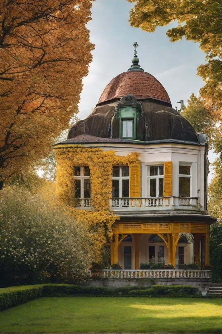  Capture a moment in time with a generated, well-structured photograph. Enhance the scene with your unique ideas, turning it into a personalized masterpiece: Ein großes Haus im wald mit blumen