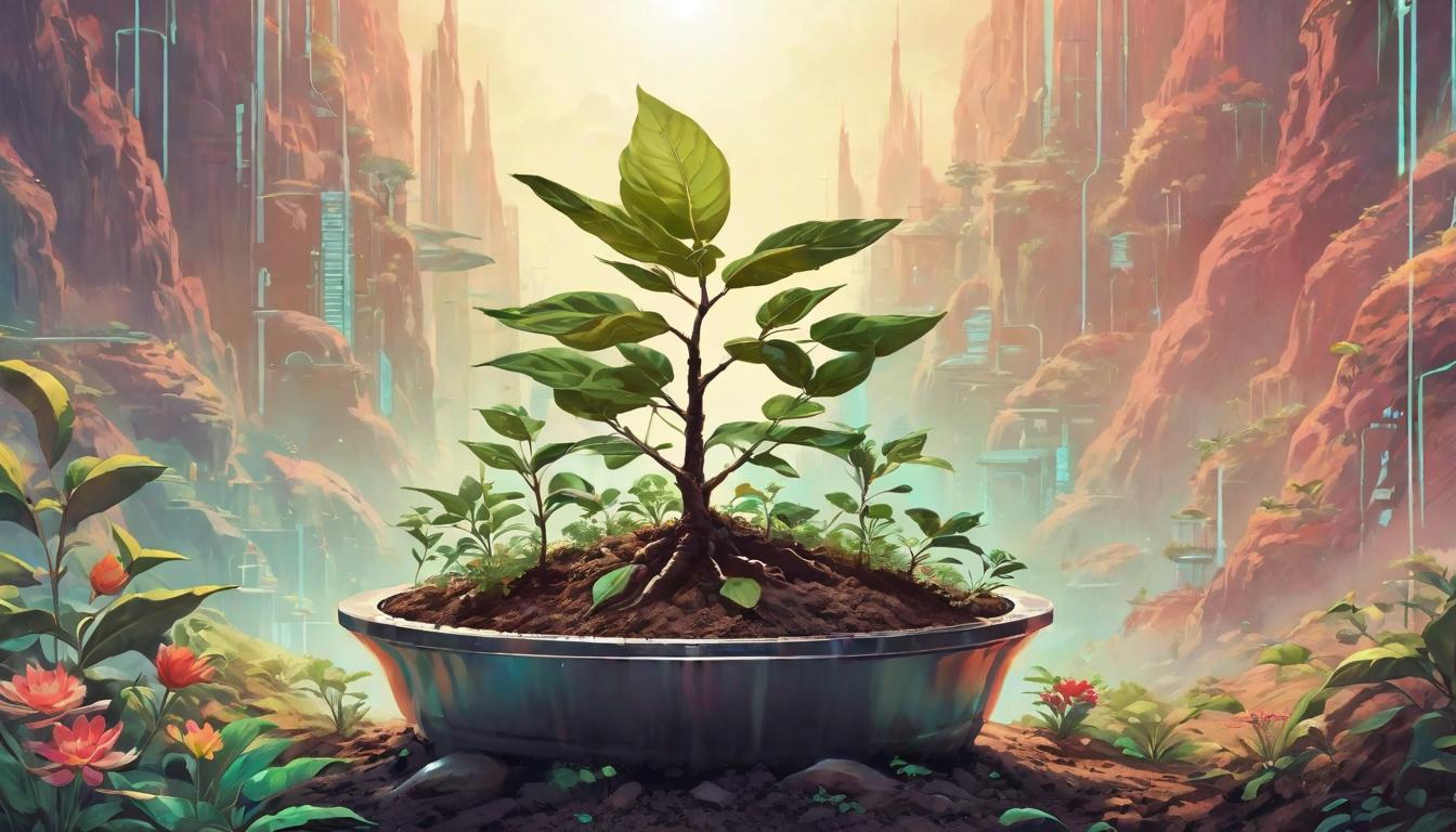  retro futuristic Individual planting a small tree, fertile soil, young sapling, hands nurturing growth, positive contribution, new beginnings lvintage sci fi, 50s and 60s style, atomic age, vibrant, highly detailed