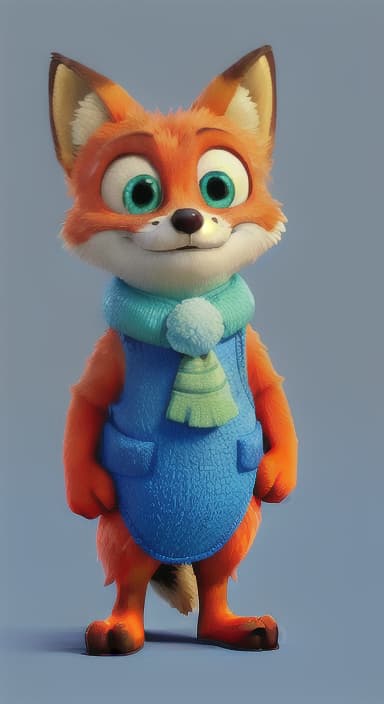  {Error the fox pressing the blue button with his paw, looking puzzled as nothing occurs., Error is a small, bright orange fox with a fluffy tail and big, inquisitive eyes. He has a mischievous yet kind expression and wears a tiny green scarf.