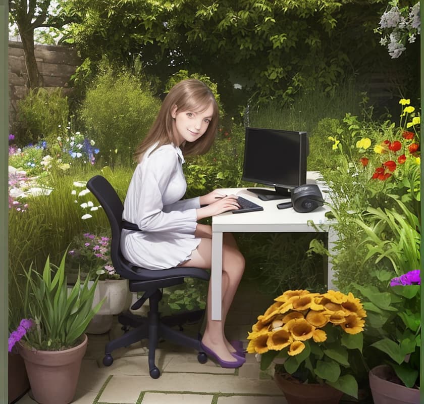  Beautiful girl sits working on the computer in the garden