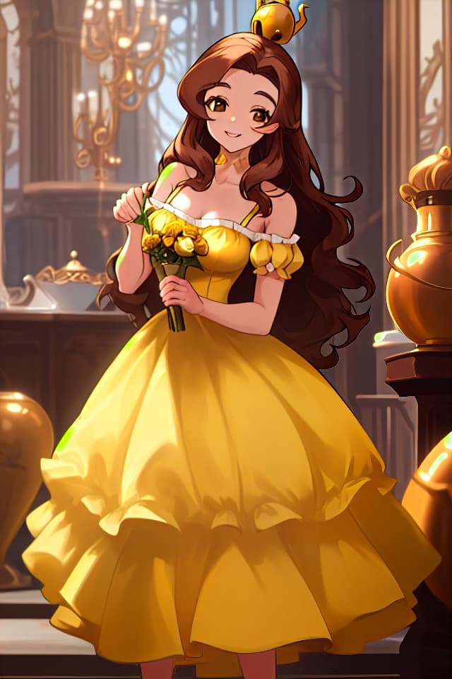  Beauty and the beast, bell, yellow dress, smile, brown hair, half up