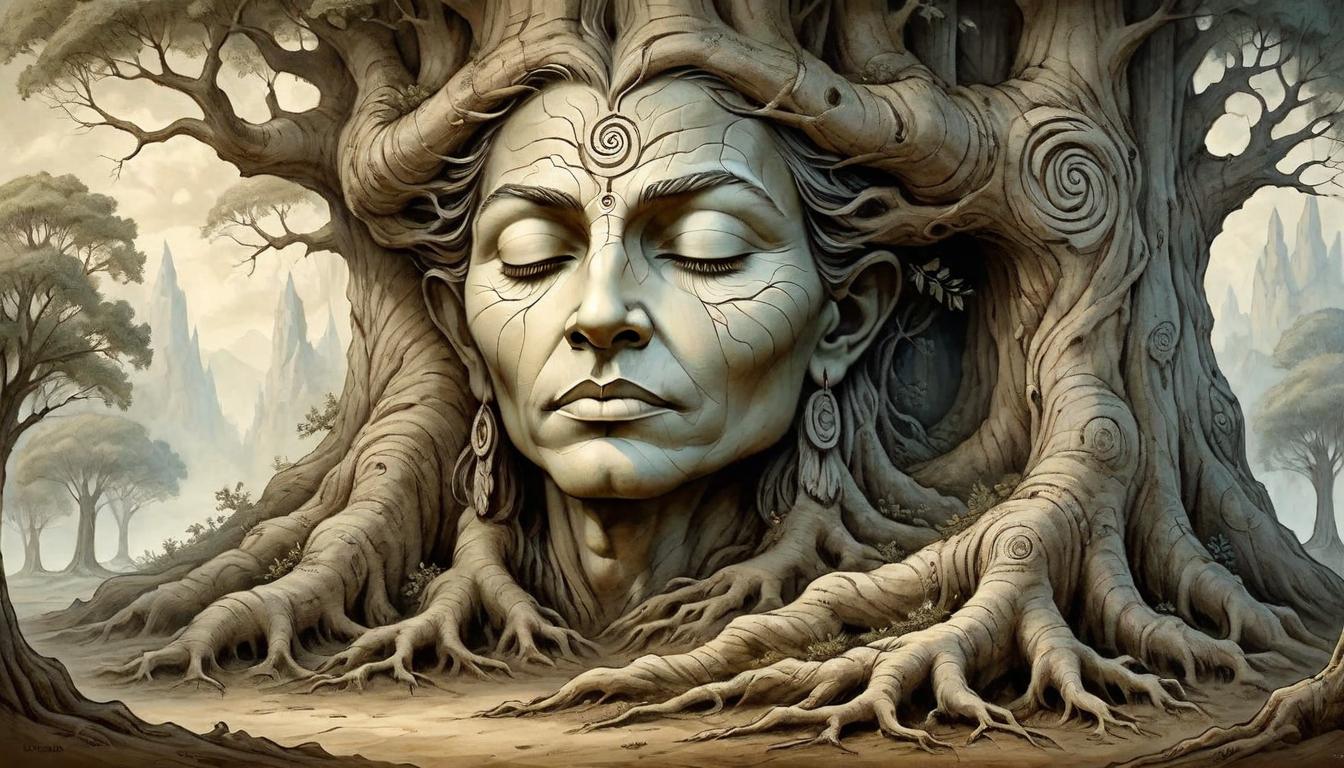  on parchment, surrealism+++, A serene face carved into the base of a giant tree, eyes closed in meditation, spiritual elevation, rooted in wisdom(mysterious, provocative, symbolic,muted color)+++