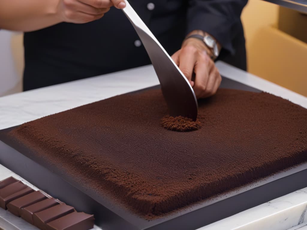  An ultradetailed image capturing the intricate process of handtempering chocolate on a sleek marble surface, showcasing the precise movements of a chocolatier expertly working with a glossy, dark chocolate mass. The image highlights the contrast between the shiny chocolate and the cool, matte marble, with subtle reflections adding depth and sophistication to the minimalist composition. hyperrealistic, full body, detailed clothing, highly detailed, cinematic lighting, stunningly beautiful, intricate, sharp focus, f/1. 8, 85mm, (centered image composition), (professionally color graded), ((bright soft diffused light)), volumetric fog, trending on instagram, trending on tumblr, HDR 4K, 8K