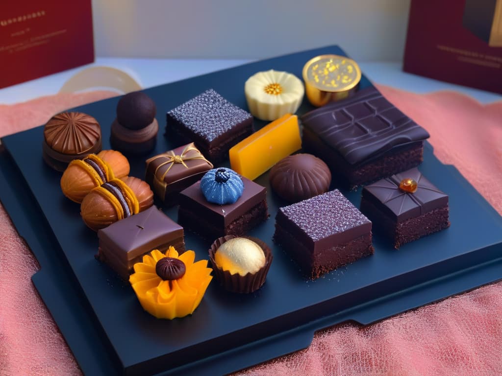  A highresolution, ultradetailed image of a luxurious Belgian chocolate praline assortment on a sleek, modern black platter. The chocolates are elegantly decorated with intricate designs, shimmering with a glossy finish under soft, ambient lighting. Each piece is carefully crafted and uniquely flavored, creating a visually stunning and mouthwatering display that embodies the essence of Belgian chocolate craftsmanship. hyperrealistic, full body, detailed clothing, highly detailed, cinematic lighting, stunningly beautiful, intricate, sharp focus, f/1. 8, 85mm, (centered image composition), (professionally color graded), ((bright soft diffused light)), volumetric fog, trending on instagram, trending on tumblr, HDR 4K, 8K