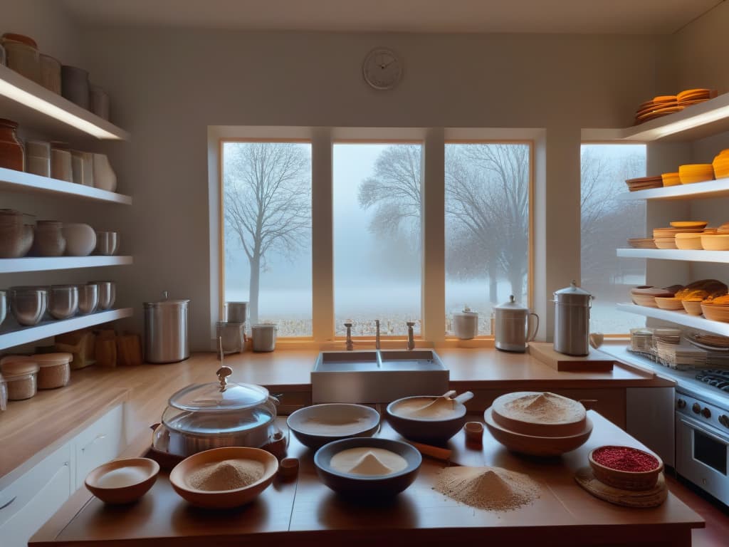  A photorealistic image depicting a modern kitchen filled with baking ingredients like flour, eggs, sugar, vanilla extract, and a variety of colorful sprinkles. The countertop showcases an array of kitchen tools such as measuring cups, mixing bowls, a whisk, and a rolling pin. In the background, there are shelves lined with neatly organized baking books and jars of spices. Sunlight streams in through a window, casting a warm glow over the scene, creating a cozy and inviting atmosphere perfect for learning the art of baking. hyperrealistic, full body, detailed clothing, highly detailed, cinematic lighting, stunningly beautiful, intricate, sharp focus, f/1. 8, 85mm, (centered image composition), (professionally color graded), ((bright soft diffused light)), volumetric fog, trending on instagram, trending on tumblr, HDR 4K, 8K