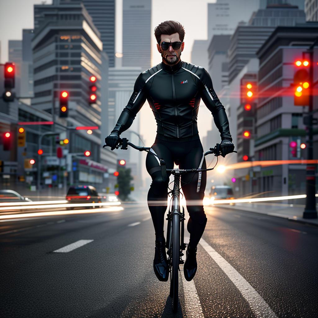  man on bike hyperrealistic, full body, detailed clothing, highly detailed, cinematic lighting, stunningly beautiful, intricate, sharp focus, f/1. 8, 85mm, (centered image composition), (professionally color graded), ((bright soft diffused light)), volumetric fog, trending on instagram, trending on tumblr, HDR 4K, 8K