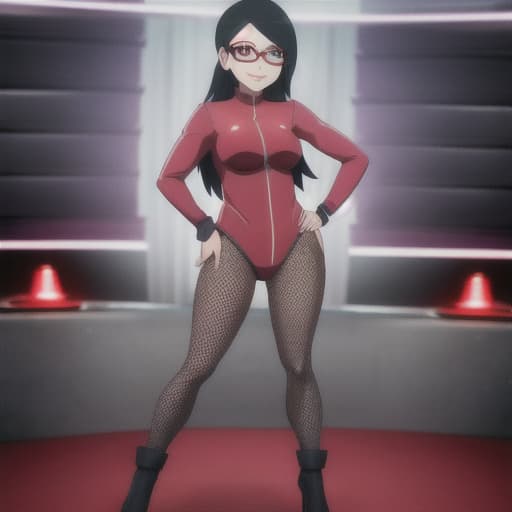  Sarada Uchiha, hands on hips, fishnet body suit, big hips, wide legs, small breast, smiling hyperrealistic, full body, detailed clothing, highly detailed, cinematic lighting, stunningly beautiful, intricate, sharp focus, f/1. 8, 85mm, (centered image composition), (professionally color graded), ((bright soft diffused light)), volumetric fog, trending on instagram, trending on tumblr, HDR 4K, 8K