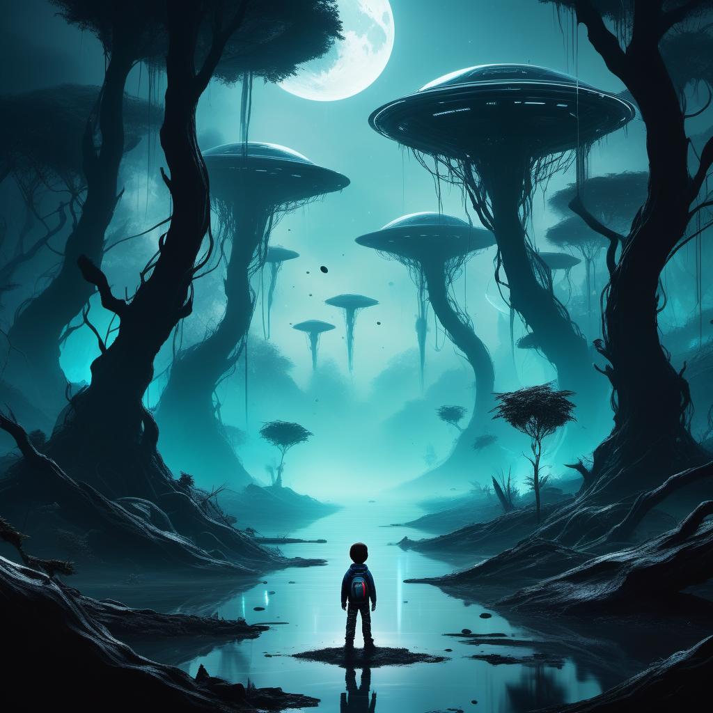 sci-fi style "a small boy focusing through trees with water and dirty mud area playing demons black fog" . futuristic, technological, alien worlds, space themes, advanced civilizations
