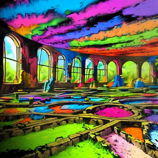  Crayon painted colorful world ruins,