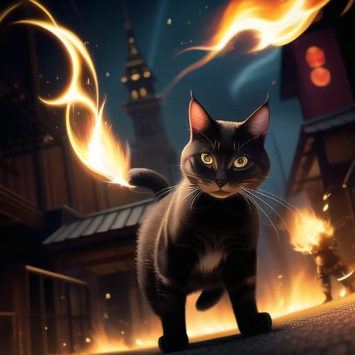  an anthropomorphic cat wearing black linen is depicted in an action pose, swirling fire with an arrow symbol in cat hand, floating above a street in a dark city alleyway, swirling magic effects and swirling energy waves surround cat, with a golden glow on cat face and body, looking at the camera, hyper detailed, movie still, ultrawide, ultra detailed, hyper focus, unreal engine, masterpiece, high rez, high quality, , (masterpiece, best quality:1.5), HDR 4K, 8K