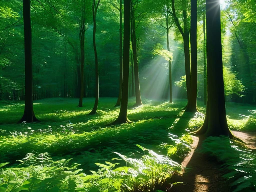  A pristine, minimalist image of a lush green forest with sunlight filtering through the canopy, casting dappled shadows on the forest floor. The focus is on the natural beauty and serenity of the environment, emphasizing the importance of preserving nature in the discussion of environmental impacts of natural sweeteners. hyperrealistic, full body, detailed clothing, highly detailed, cinematic lighting, stunningly beautiful, intricate, sharp focus, f/1. 8, 85mm, (centered image composition), (professionally color graded), ((bright soft diffused light)), volumetric fog, trending on instagram, trending on tumblr, HDR 4K, 8K