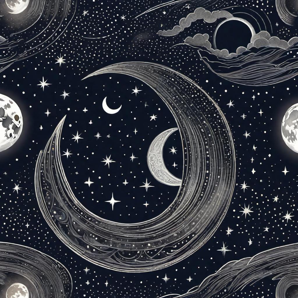  A sketch-style illustration of the Milky Way with a detailed moon included in the scene. The initials 'N.M' are subtly integrated into the design, perhaps within the pattern of the stars or on the lunar surface, in a way that is artistic and natural to the scene. The image should showcase the vastness of the galaxy with swirling patterns of stars and the dense clusters that make up the Milky Way. The moon should be detailed with craters and textures. The sketch should be in black and white, emphasizing fine lines and shading to bring out the celestial details and the initials 'N.M'. hyperrealistic, full body, detailed clothing, highly detailed, cinematic lighting, stunningly beautiful, intricate, sharp focus, f/1. 8, 85mm, (centered image composition), (professionally color graded), ((bright soft diffused light)), volumetric fog, trending on instagram, trending on tumblr, HDR 4K, 8K