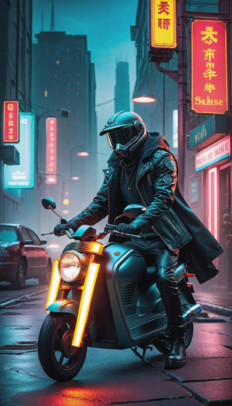  Cyberpunk style depiction of Scooter with leds on it while grinding on a bench with a mountain in the back ground . The scene is set in a world where technology has advanced, but society and human conditions have not, creating a gritty, dystopian atmosphere. hyperrealistic, full body, detailed clothing, highly detailed, cinematic lighting, stunningly beautiful, intricate, sharp focus, f/1. 8, 85mm, (centered image composition), (professionally color graded), ((bright soft diffused light)), volumetric fog, trending on instagram, trending on tumblr, HDR 4K, 8K