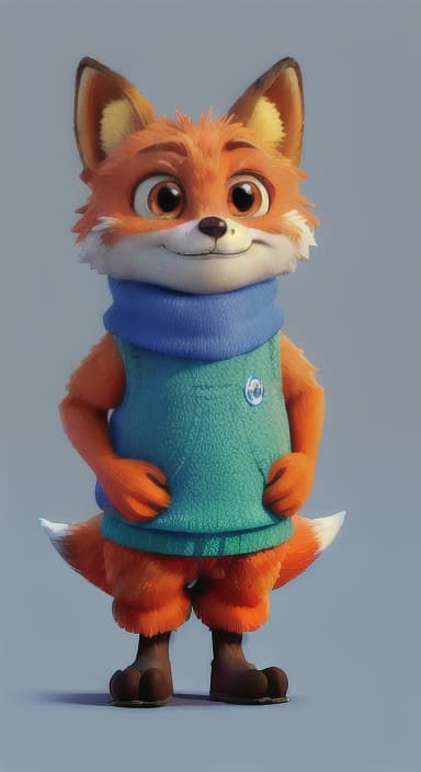  {Error the fox pressing the blue button with his paw, looking puzzled as nothing occurs., Error is a small, bright orange fox with a fluffy tail and big, inquisitive eyes. He has a mischievous yet kind expression and wears a tiny green scarf.