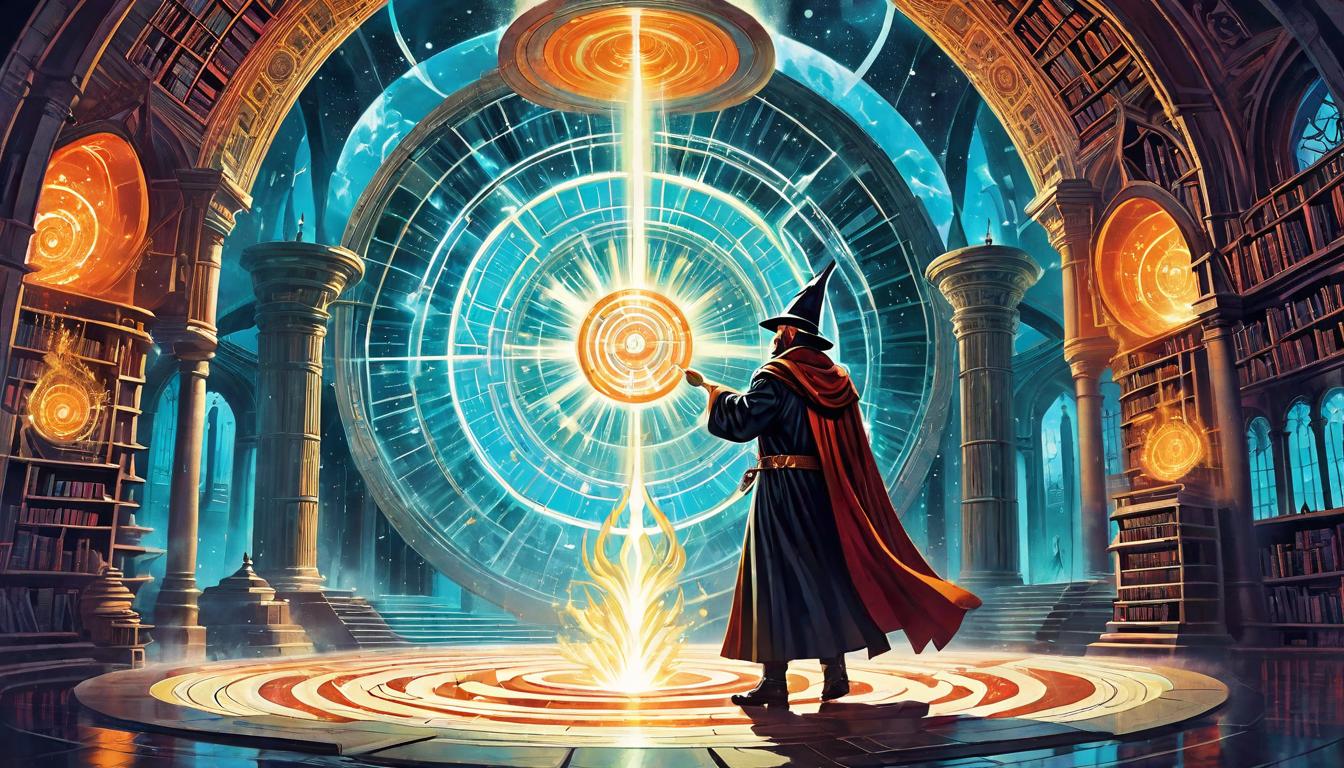  retro futuristic Wizard conjuring a vortex of change, elements swirling around; ancient library backdrop; metaphor for profound transformation; gothic fantasy art with rich colors and dynamic lighting lvintage sci fi, 50s and 60s style, atomic age, vibrant, highly detailed