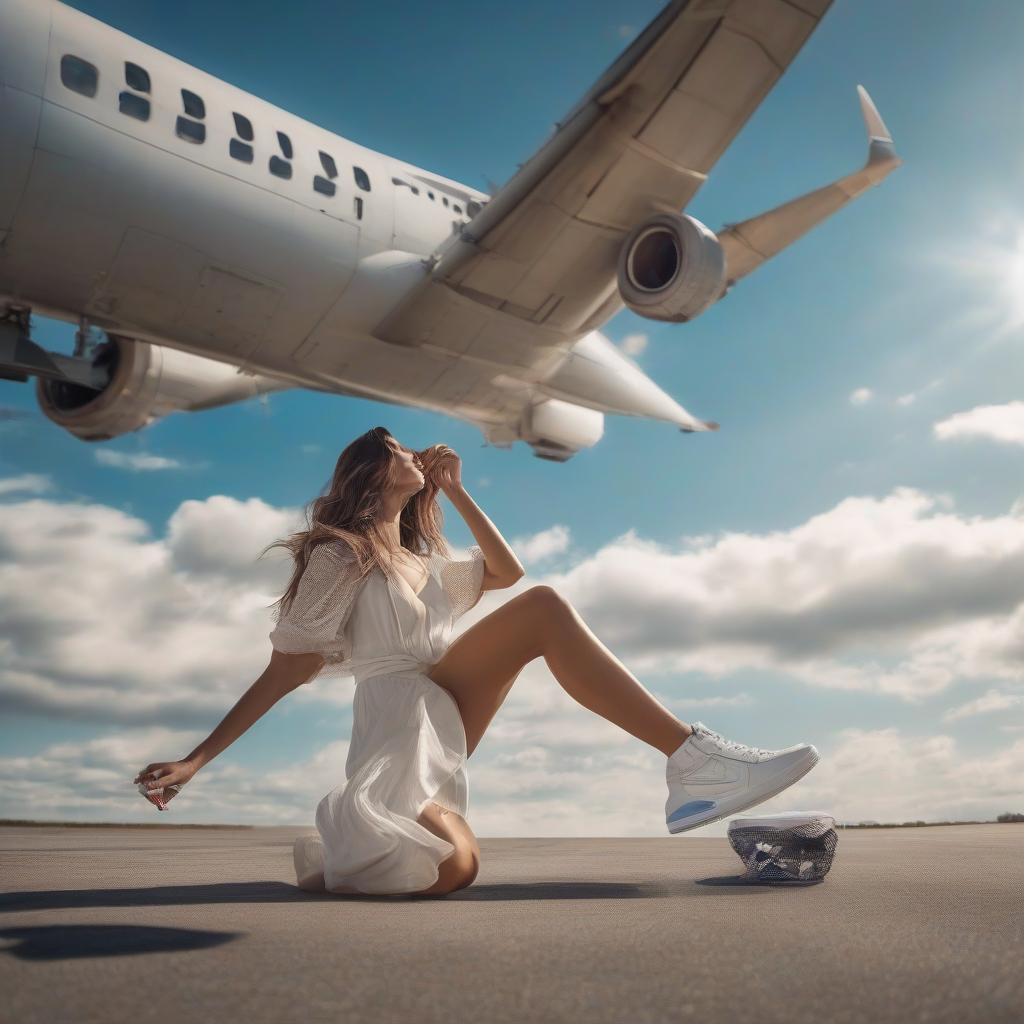  A girl is lying on her back on the runway and lifts her feet with sneakers up, while a plane takes off above her into the blue sky. hyperrealistic, full body, detailed clothing, highly detailed, cinematic lighting, stunningly beautiful, intricate, sharp focus, f/1. 8, 85mm, (centered image composition), (professionally color graded), ((bright soft diffused light)), volumetric fog, trending on instagram, trending on tumblr, HDR 4K, 8K