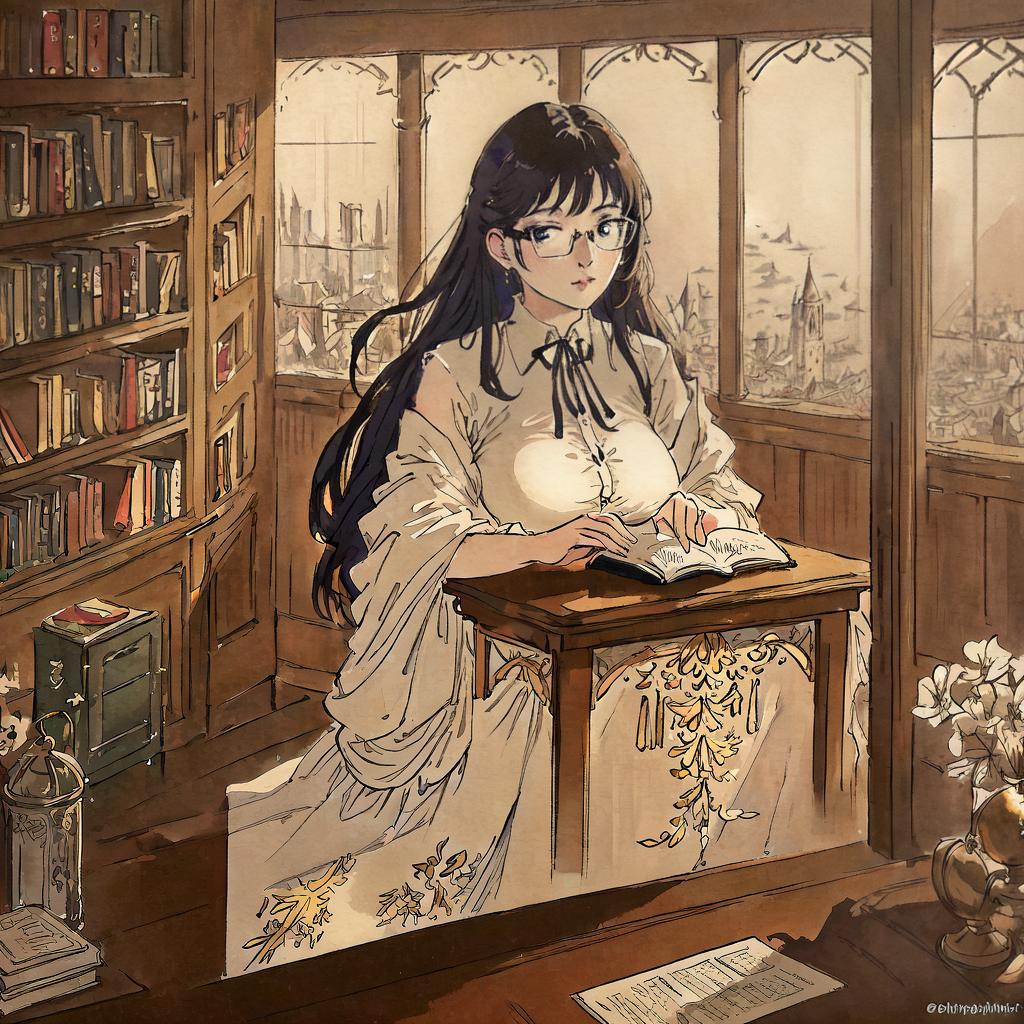  ((masterpiece)),(((best quality))), 8k, high detailed, ultra-detailed. A painting of an intellectual and beautiful editor in her late twenties wearing glasses. She has a professional look with a focused expression, sitting at a desk surrounded by stacks of books and papers, a laptop open in front of her. The room is well-lit with natural sunlight coming through a large window, casting a warm glow on the scene. hyperrealistic, full body, detailed clothing, highly detailed, cinematic lighting, stunningly beautiful, intricate, sharp focus, f/1. 8, 85mm, (centered image composition), (professionally color graded), ((bright soft diffused light)), volumetric fog, trending on instagram, trending on tumblr, HDR 4K, 8K