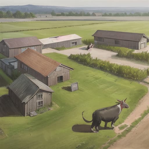  ((((masterpiece)))), best quality, very_high_resolution, ultra-detailed, in-frame, dinosaur, farm, barn, cows, chickens, tractor, hay, sheep, pigs, horses, rural, green fields, rural landscape, farming, herbivore, carnivore, dinosaur fossils, dinosaur footprints, prehistoric creatures