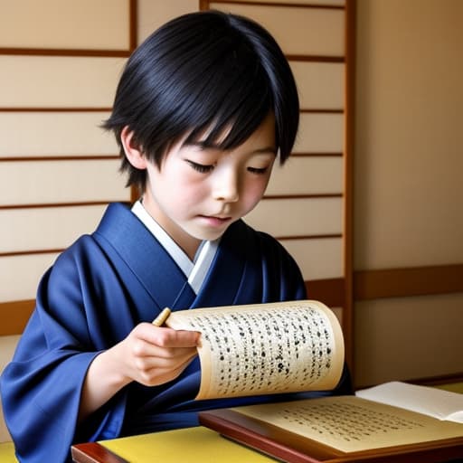  A Japanese kid holding and reading a scroll that’s opened