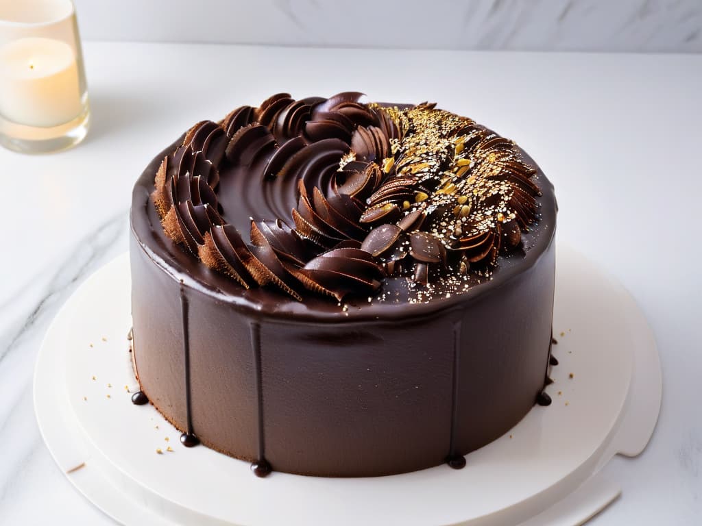  A visually striking and minimalist image of a decadent chocolate cake topped with delicate amaranth seeds, set against a sleek white marble background. The cake is perfectly sliced to reveal its rich and moist interior, with a drizzle of glossy chocolate ganache cascading down the sides. The amaranth seeds add a touch of elegance and texture to the dessert, creating a visually appealing contrast. The overall composition is clean, modern, and sophisticated, making it a perfect visual representation of the fusion between the ancient superfood amaranth and indulgent dessert recipes. hyperrealistic, full body, detailed clothing, highly detailed, cinematic lighting, stunningly beautiful, intricate, sharp focus, f/1. 8, 85mm, (centered image composition), (professionally color graded), ((bright soft diffused light)), volumetric fog, trending on instagram, trending on tumblr, HDR 4K, 8K