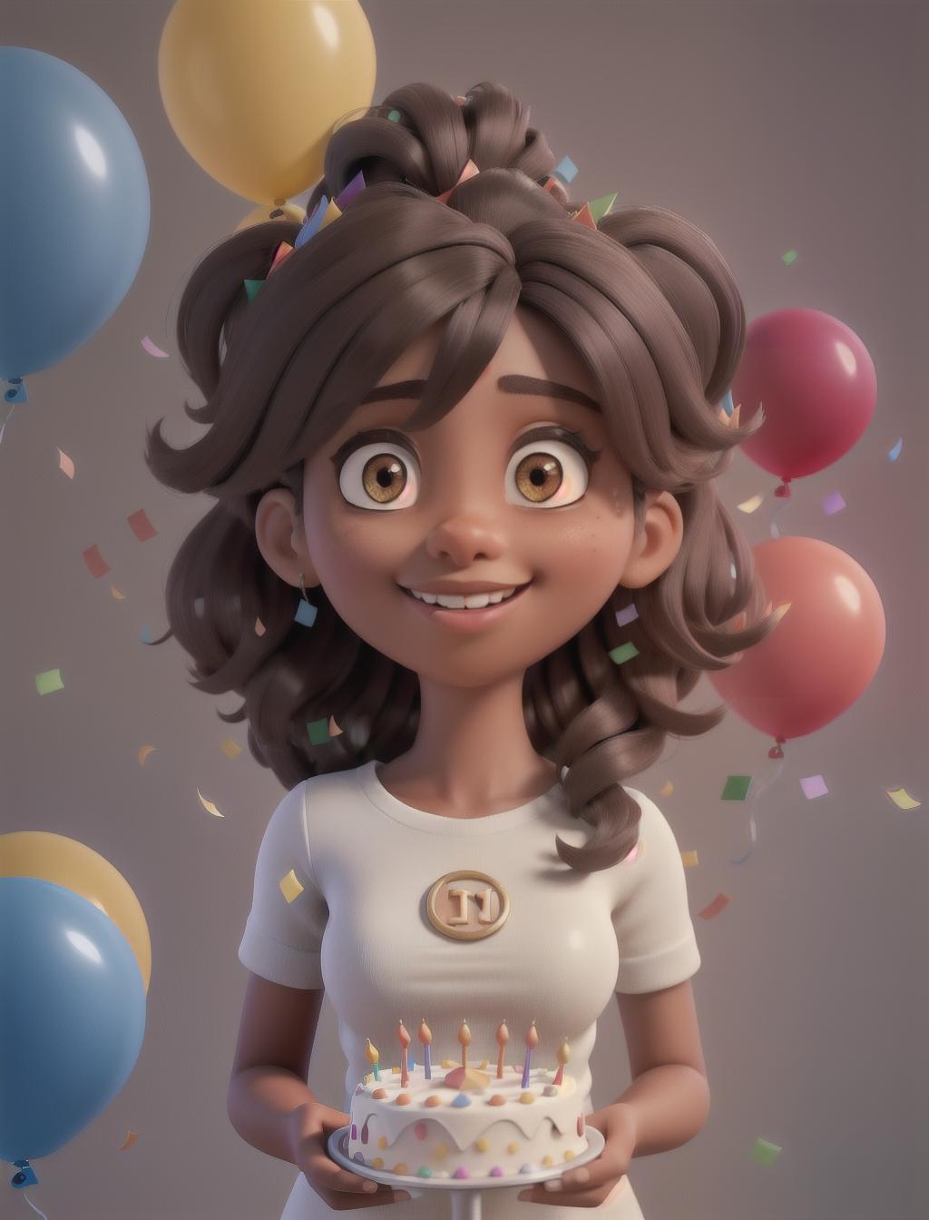  A brown black hair girl, birthday cake, happy birthday balloons in background, confetti, 25th birthday, happy, celebration, laughing, big eyes hyperrealistic, full body, detailed clothing, highly detailed, cinematic lighting, stunningly beautiful, intricate, sharp focus, f/1. 8, 85mm, (centered image composition), (professionally color graded), ((bright soft diffused light)), volumetric fog, trending on instagram, trending on tumblr, HDR 4K, 8K