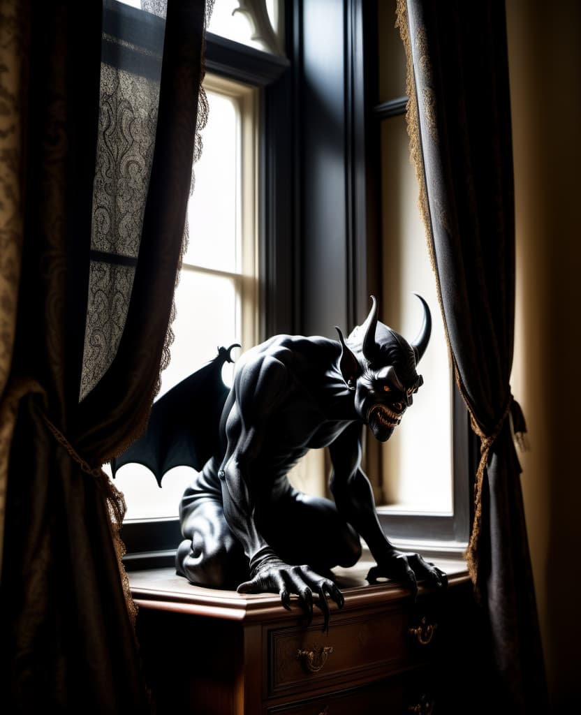  A thin black devil crouching like a gargoyle looks at me from behind the curtains on the windowsill. In a dimly lit room. The room is furnished with antique furniture.