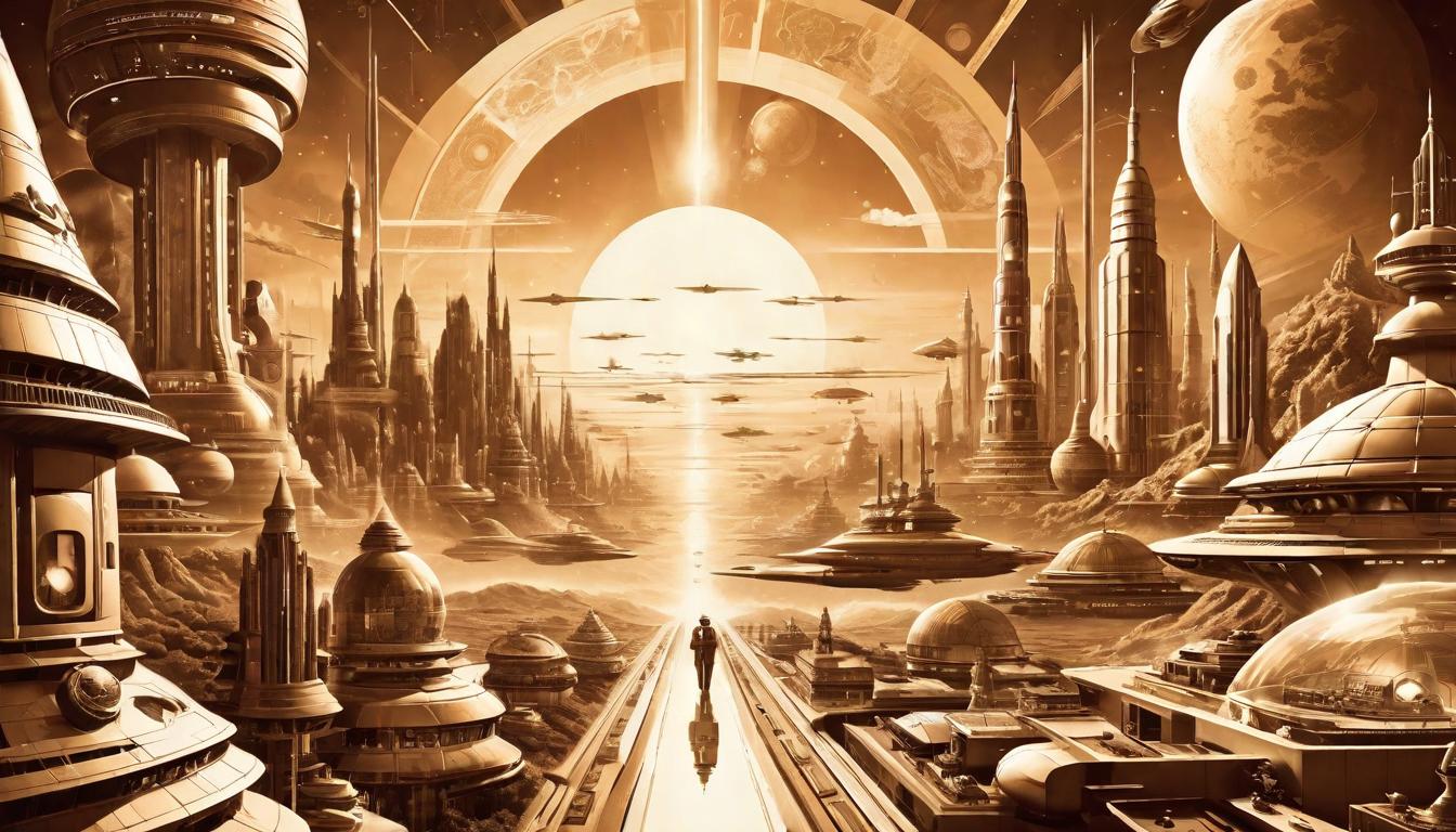  retro futuristic A sepia toned montage of different eras, from ancient civilizations to futuristic realms, each framed by fabled artifacts, reincarnation journey, temporal mosaic, echoes of existence lvintage sci fi, 50s and 60s style, atomic age, vibrant, highly detailed