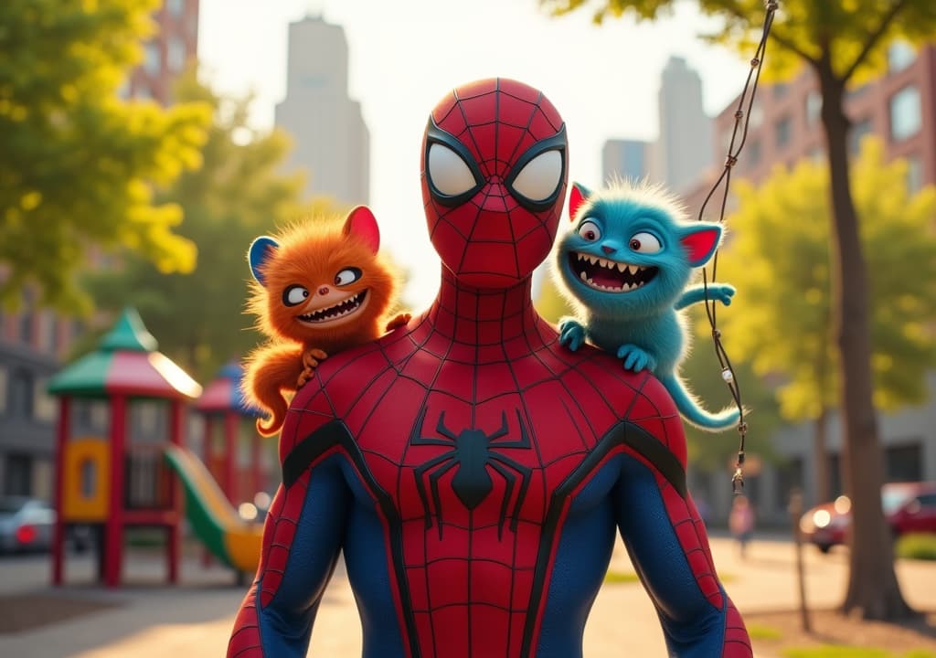  good quality, high quality, a version of spider man, around 1., stands heroically in the center of the image, surrounded by two tiny colorful monsters who are ly interacting with him. spider man is in his clic red and blue suit, his mask slightly tilted, part of his cheek. one monster is sitting on spider man's shoulder, grinning mischievously, while the other is hanging upside down from a spider web, swinging beside him. the background is a vint, colorful city park, with bright green trees, a playground, and the city skyline visible in the distance. the sunlight es the scene in a warm, golden glow, giving a joyful and adventurous atmosphere. spider man and the monsters are the focal poi