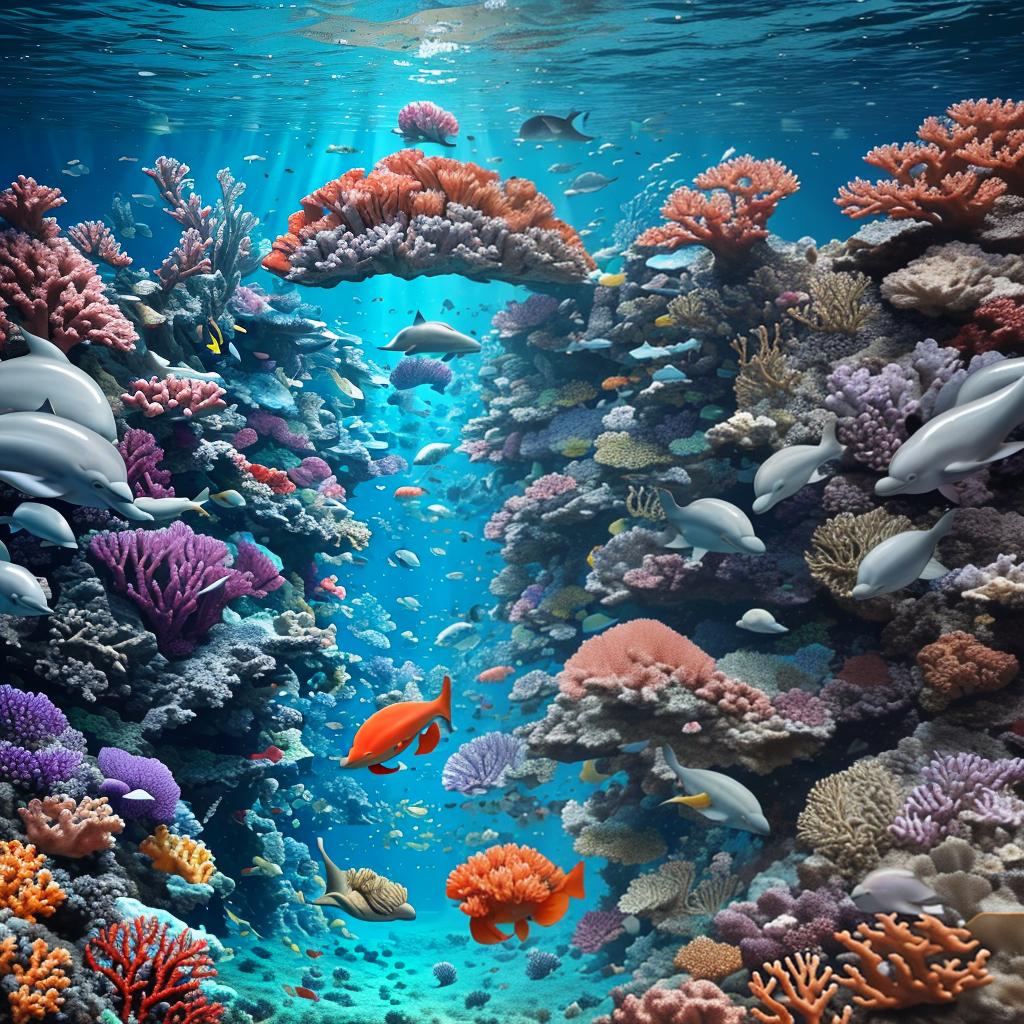  masterpiece, best quality, beautiful deep sea full of corals, diverse marine life and fascinating underwater landscapes with corals, appendages, small fish, anemones, dolphins, various algae, caves, colorful, 8k resolution and intricate detail