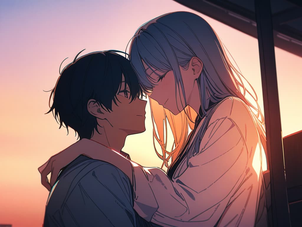  Sunset, couple, face to eyes, one boy one girl, masterpiece, best quality,8k,ultra detailed,high resolution,an extremely delicate and beautiful,hyper detail