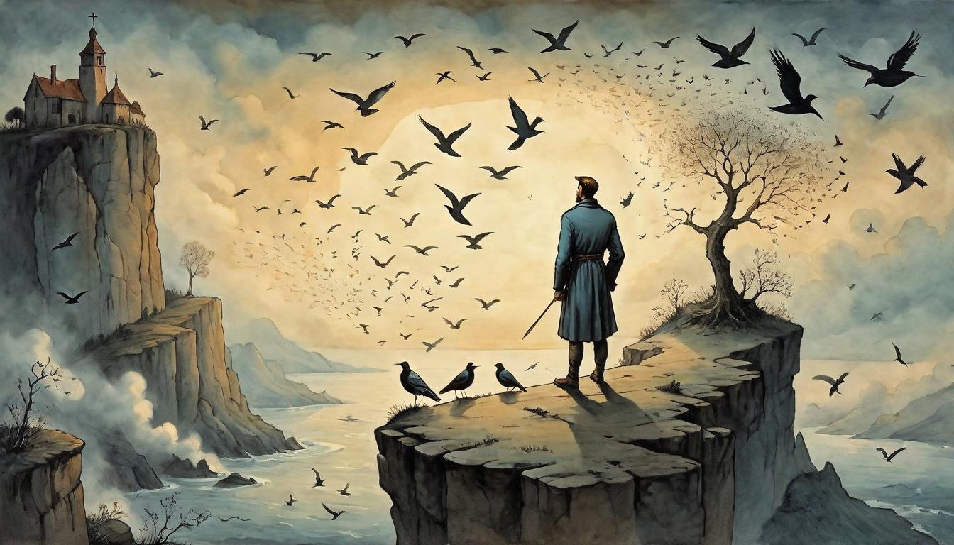  on parchment, surrealism+++, A figure standing at the edge of a cliff, releasing a flock of birds into the dawn light, each bird carrying a piece of parchment, symbolizing purpose and contribution. Figure contemplative, birds determined, dawn breaking, embodying liberation, dedication.(mysterious, provocative, symbolic,muted color)+++